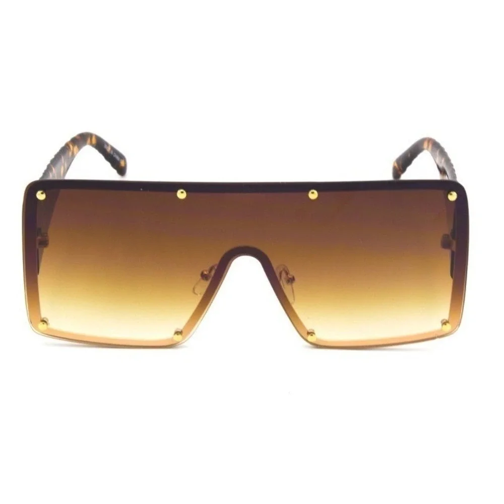 Shield Sunglasses Men Oversized Flat Top Rivet Detail‎ Brown Fashion Luxury